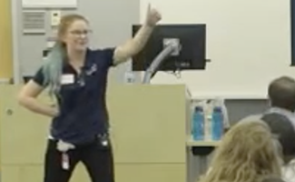 Emilie teaching what not to do in a computer science classroom during TEALS's 2019 summer training.